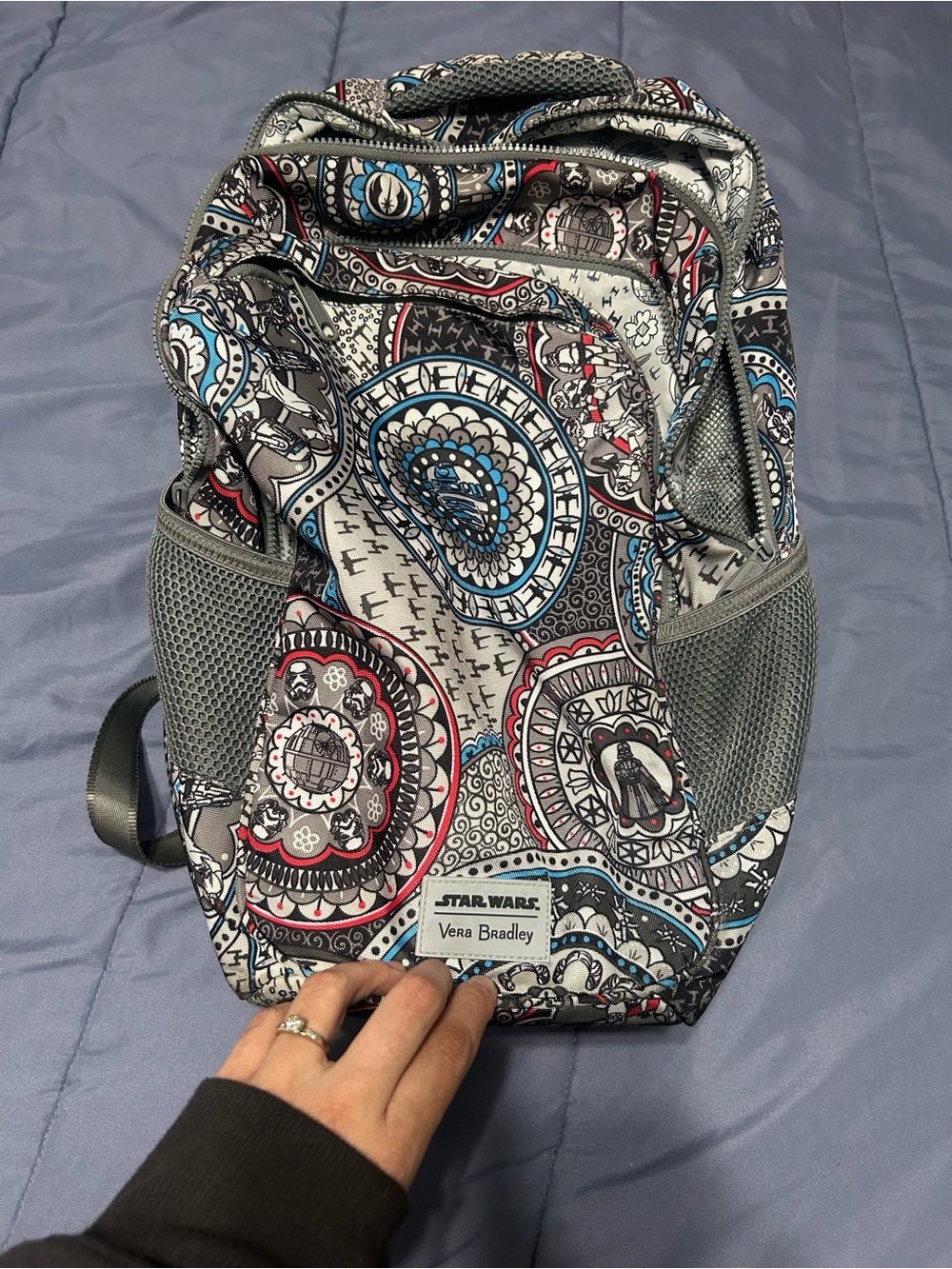 Vera Bradley Gray Backpack with Blue and Red Medallion Pattern